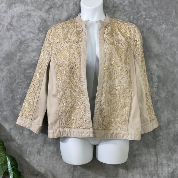 Chico's Platinum Jacket Taupe Gold Lace Overlay Open Front Size 3 ( X- Large ) - Picture 1 of 11